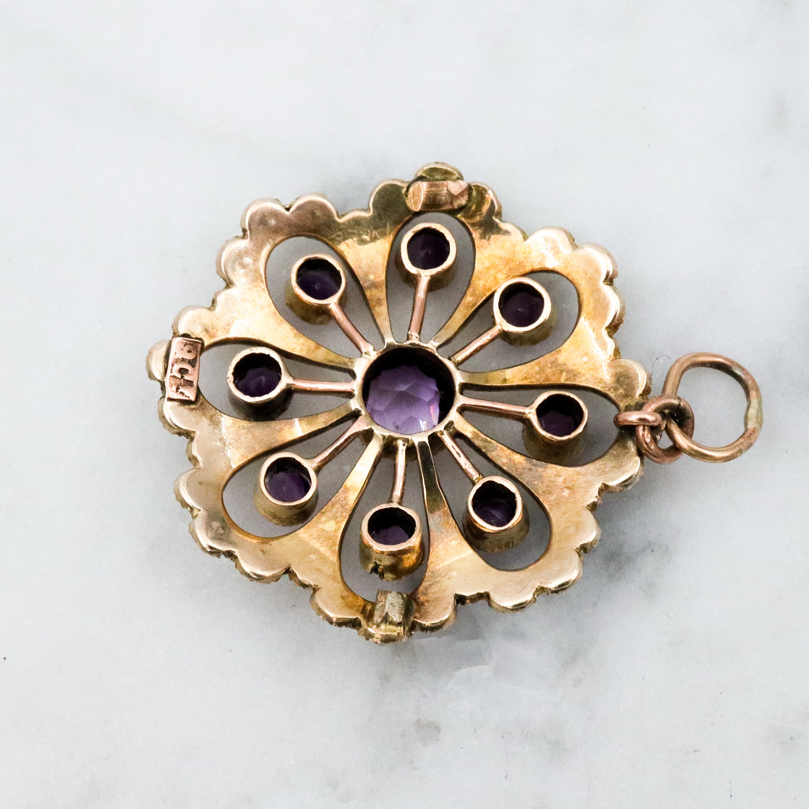 Antique early Victorian 9k gold, amethyst and split pearl flower pendant